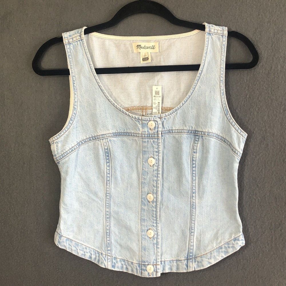 Madewell Top Sz 0 Denim Button Front Vest 100% Cotton Crop Tank Light Wash New*